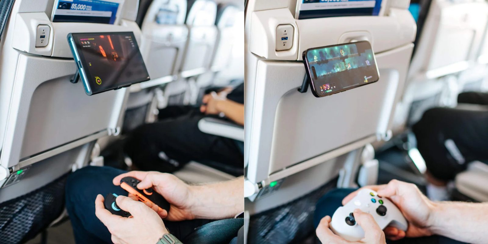 A person playing video games on an airplane