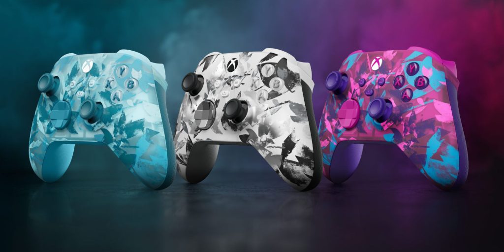 A group of colorful video game controllers