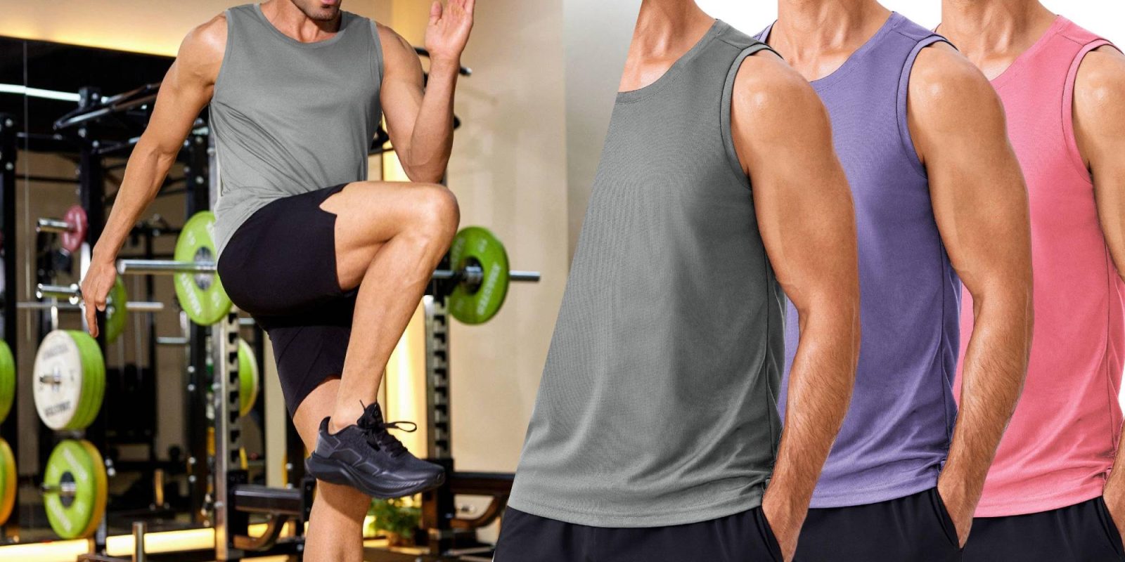 A collage of a man in a tank top