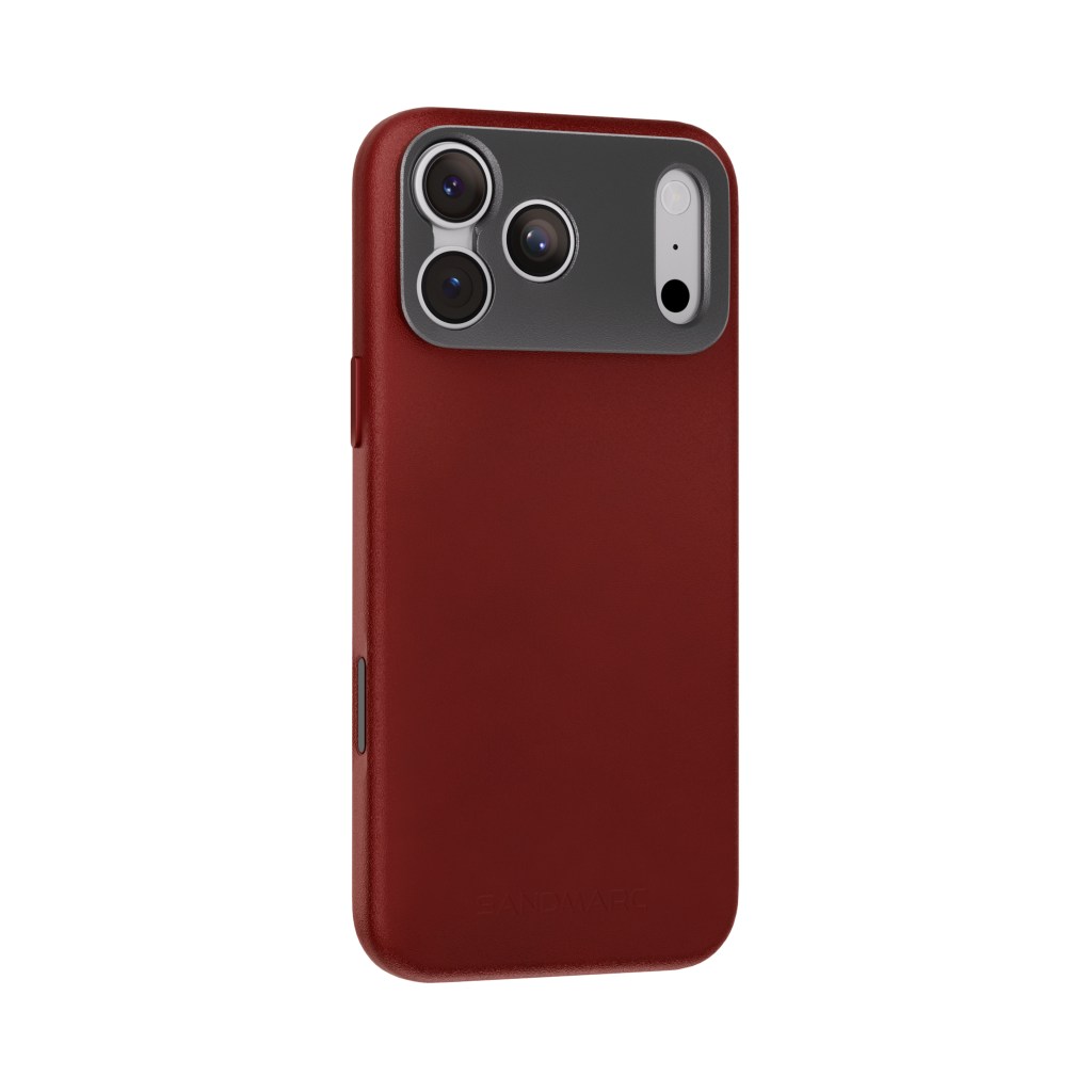 A red cell phone with multiple camera lenses