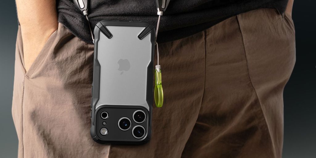 A cell phone attached to a person's waist