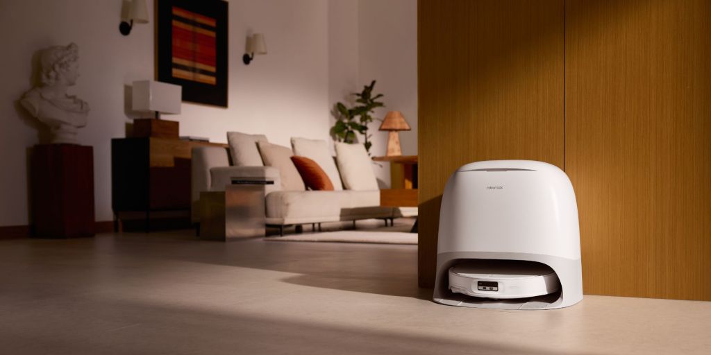 A robot vacuum cleaner in a living room