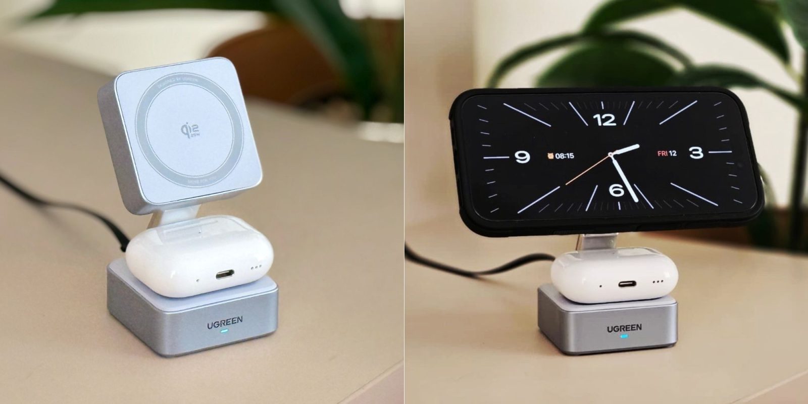 Image showing two shots of UGREEN's 2-in-1 MagFlow charging station.