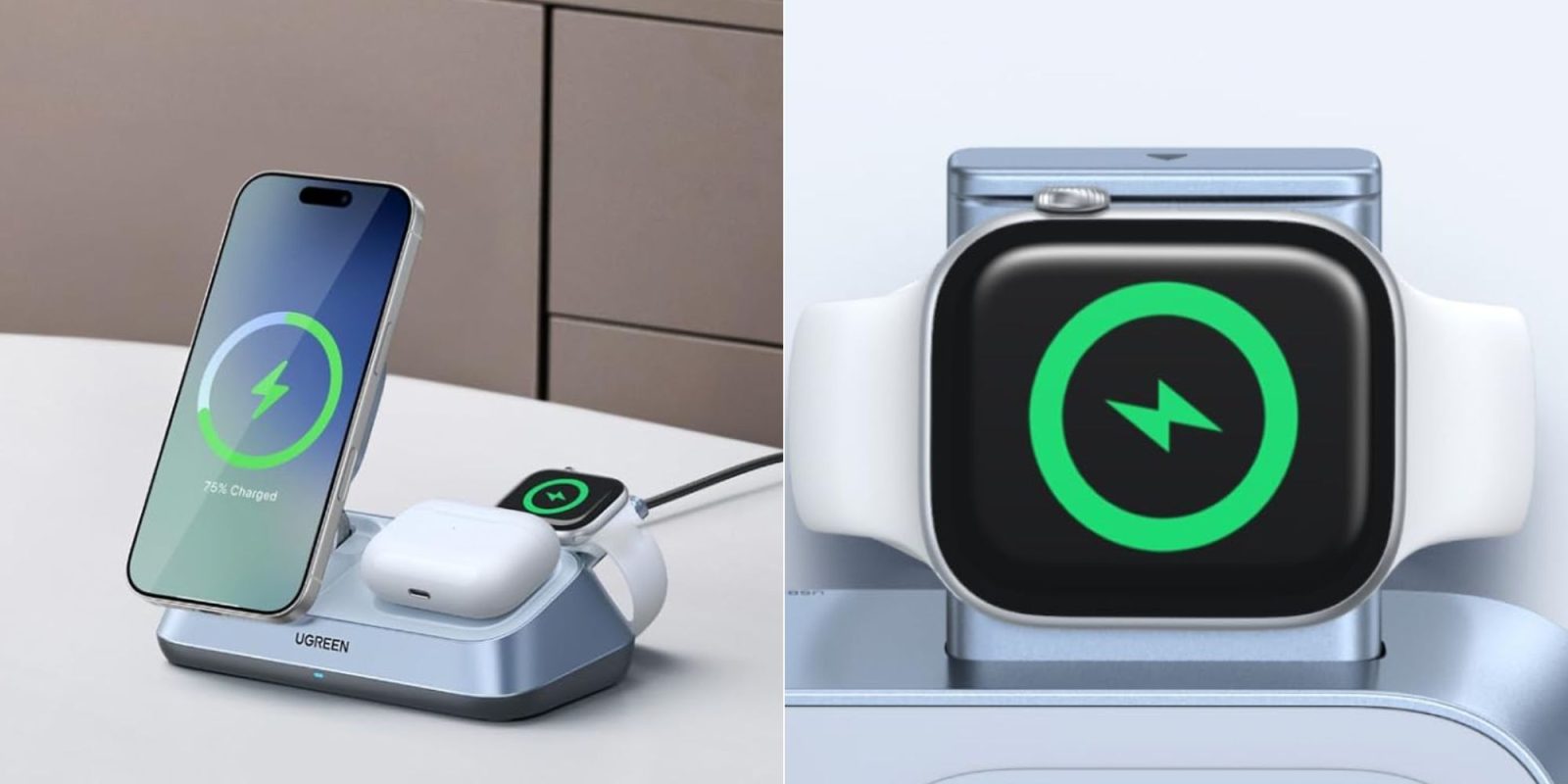 A smart watch charging on a charging dock