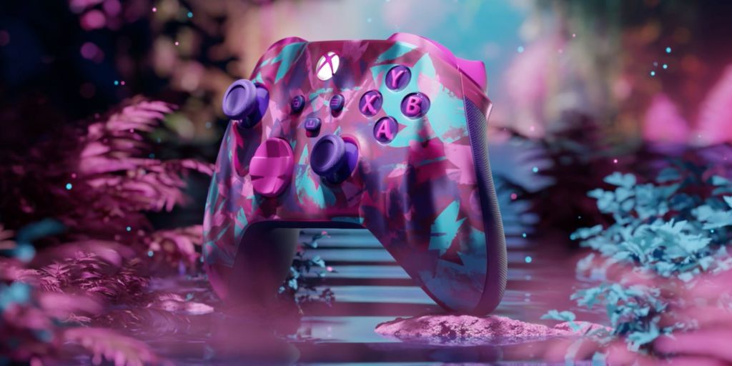 A purple and blue video game controller