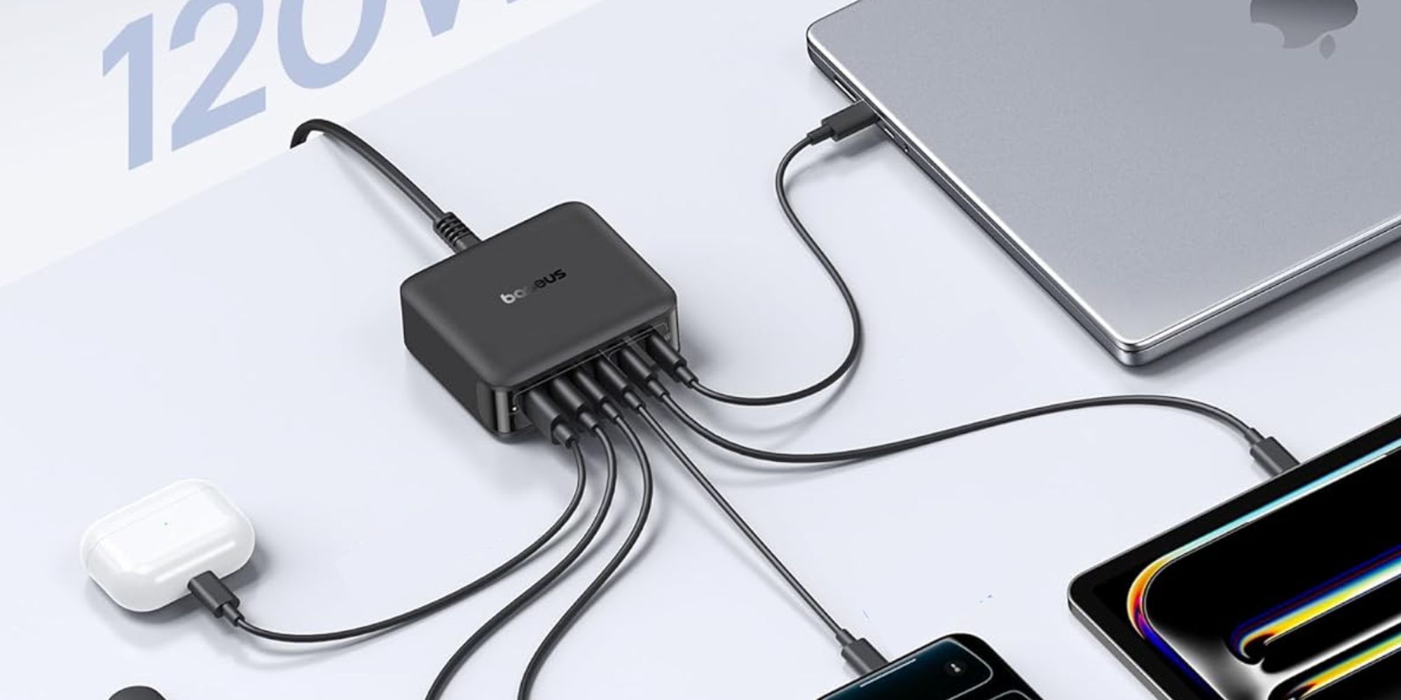 Image showing a renders of Baseus' 120W 6-port charging station.