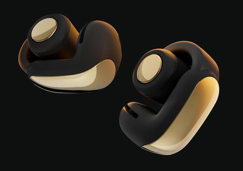 A pair of black and gold earbuds