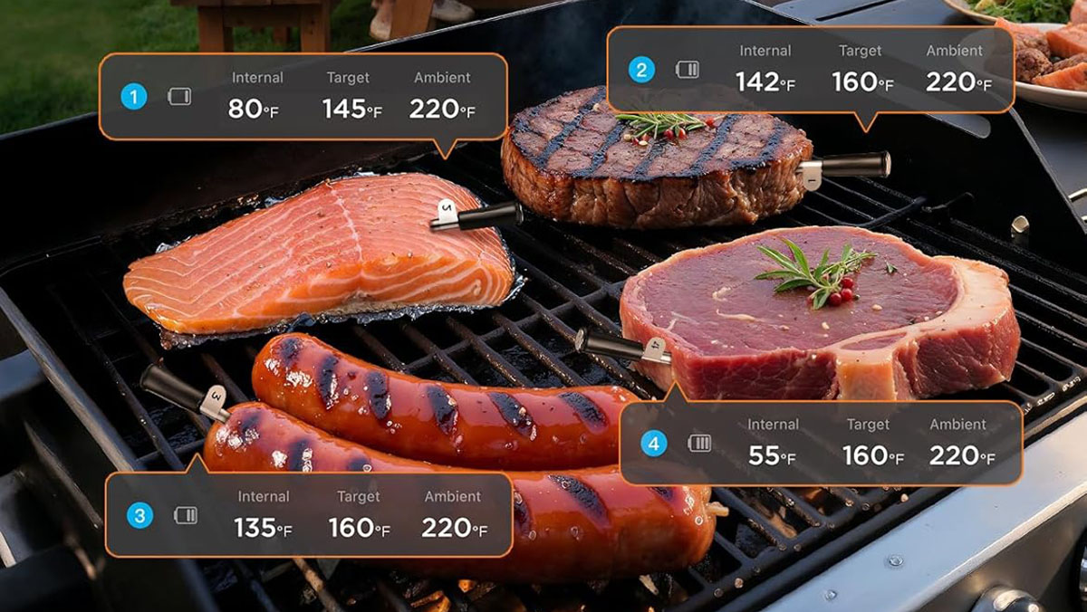 A screenshot of a barbeque with meat and sausages