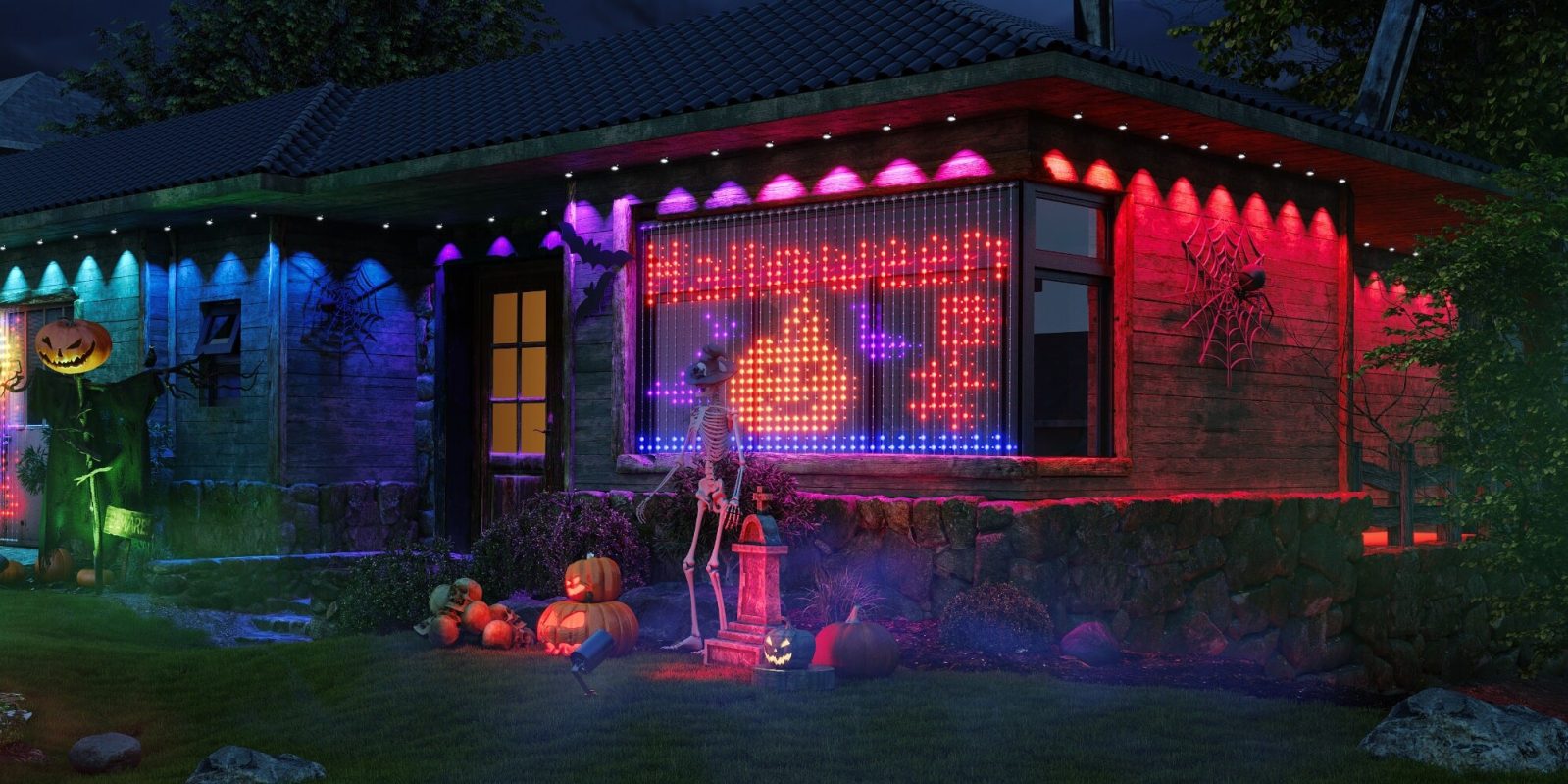 A house with a lighted sign