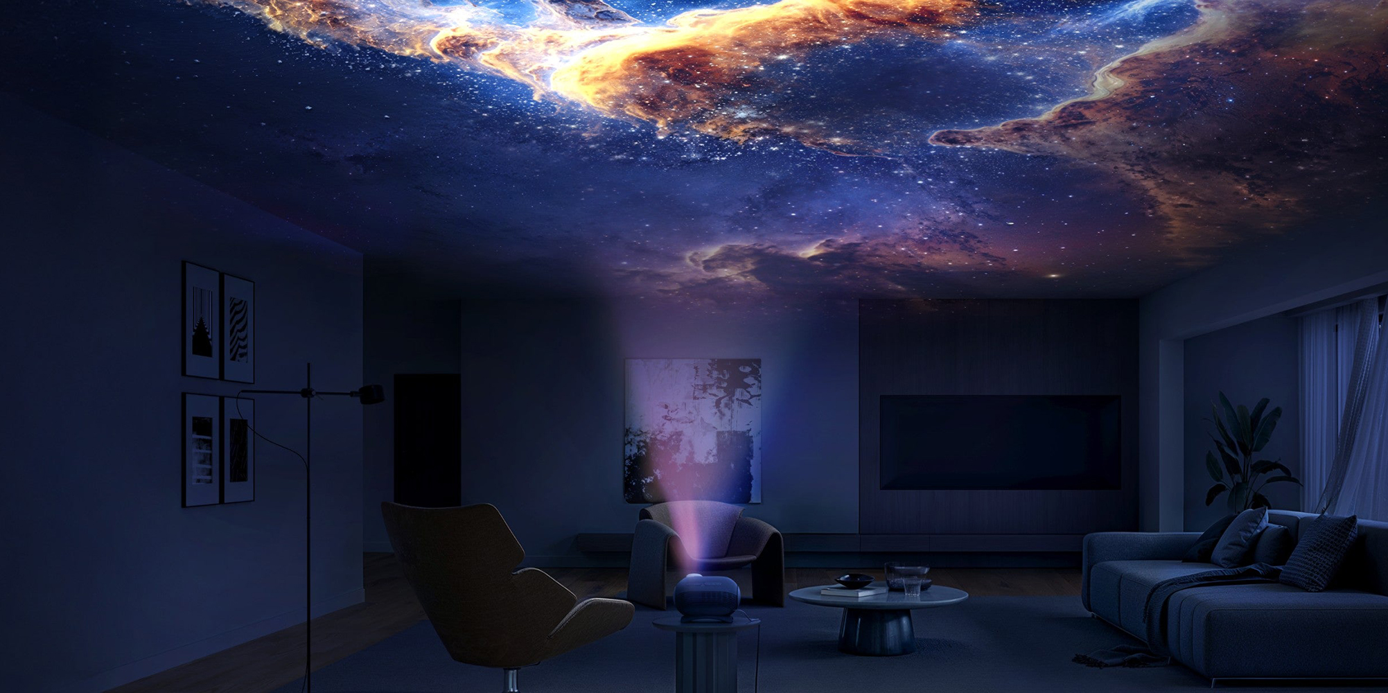 A room with a tv and a galaxy sky