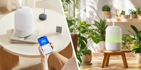 A collage of a woman holding a phone