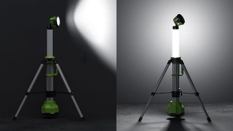 A green and white light on a tripod