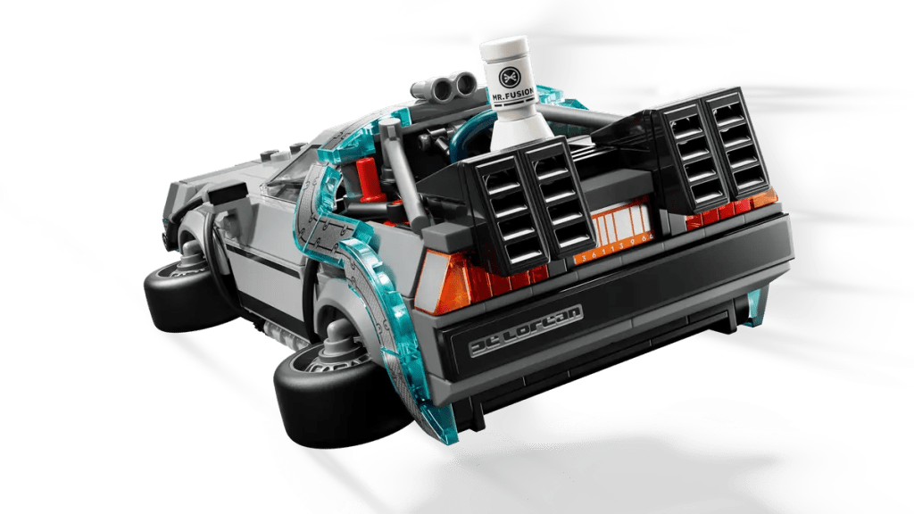 A toy car with a white object on the back