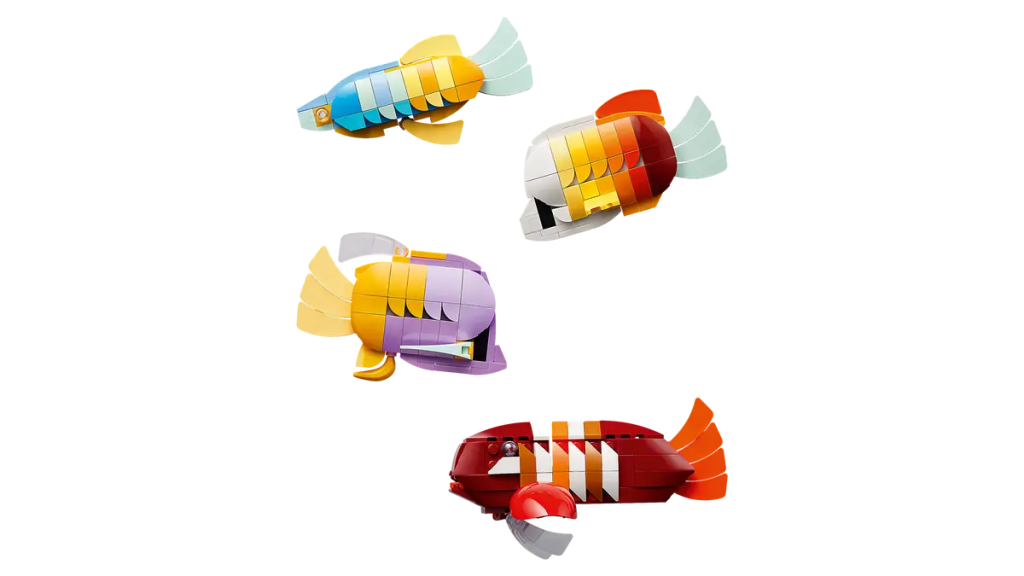 A group of colorful fish made out of lego blocks