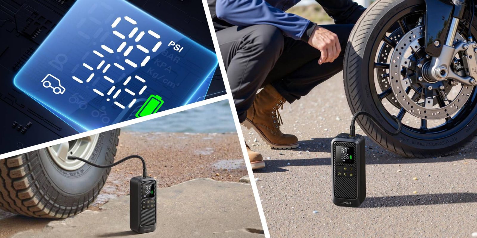 A collage of a man with a tire pump