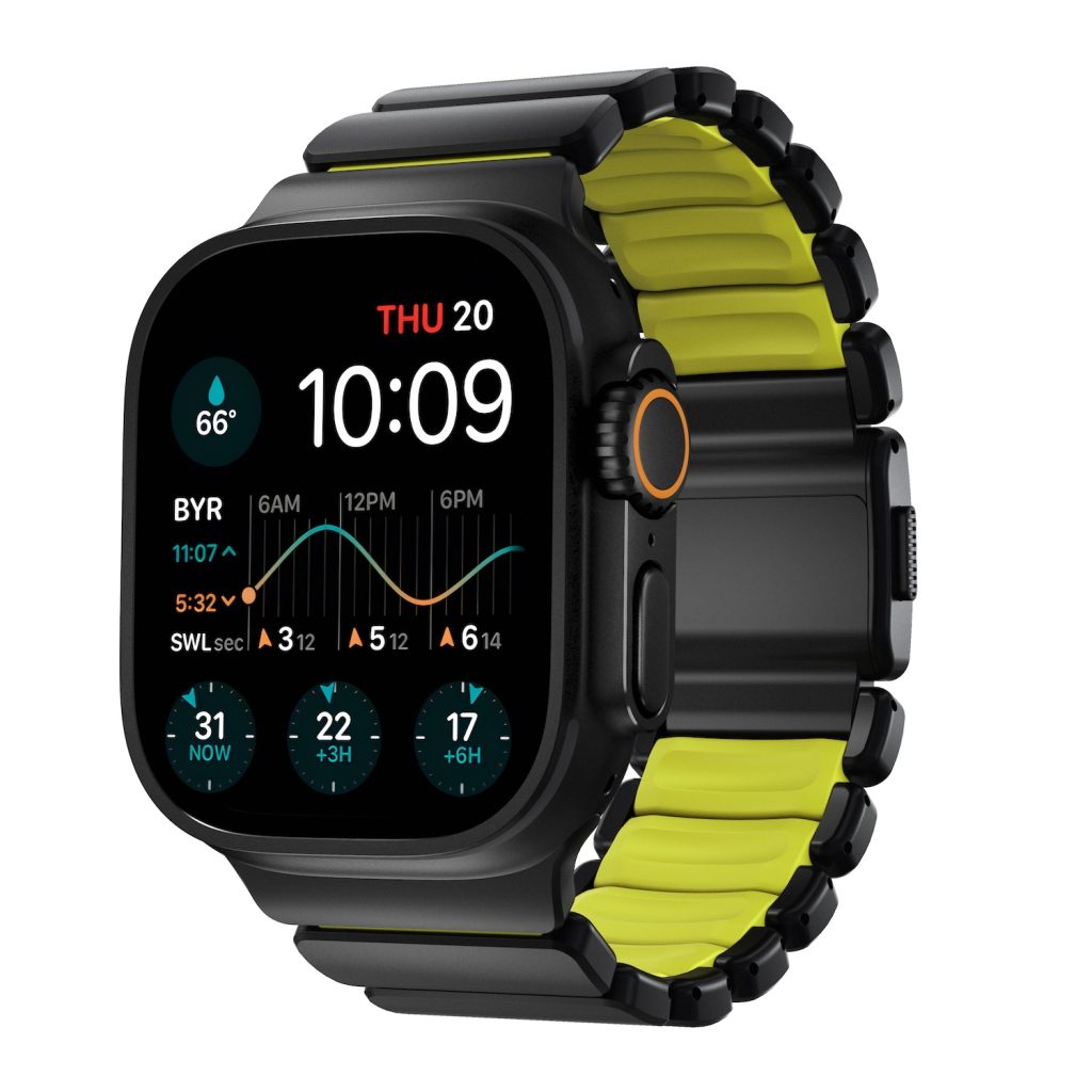 A smart watch with a screen and a yellow band