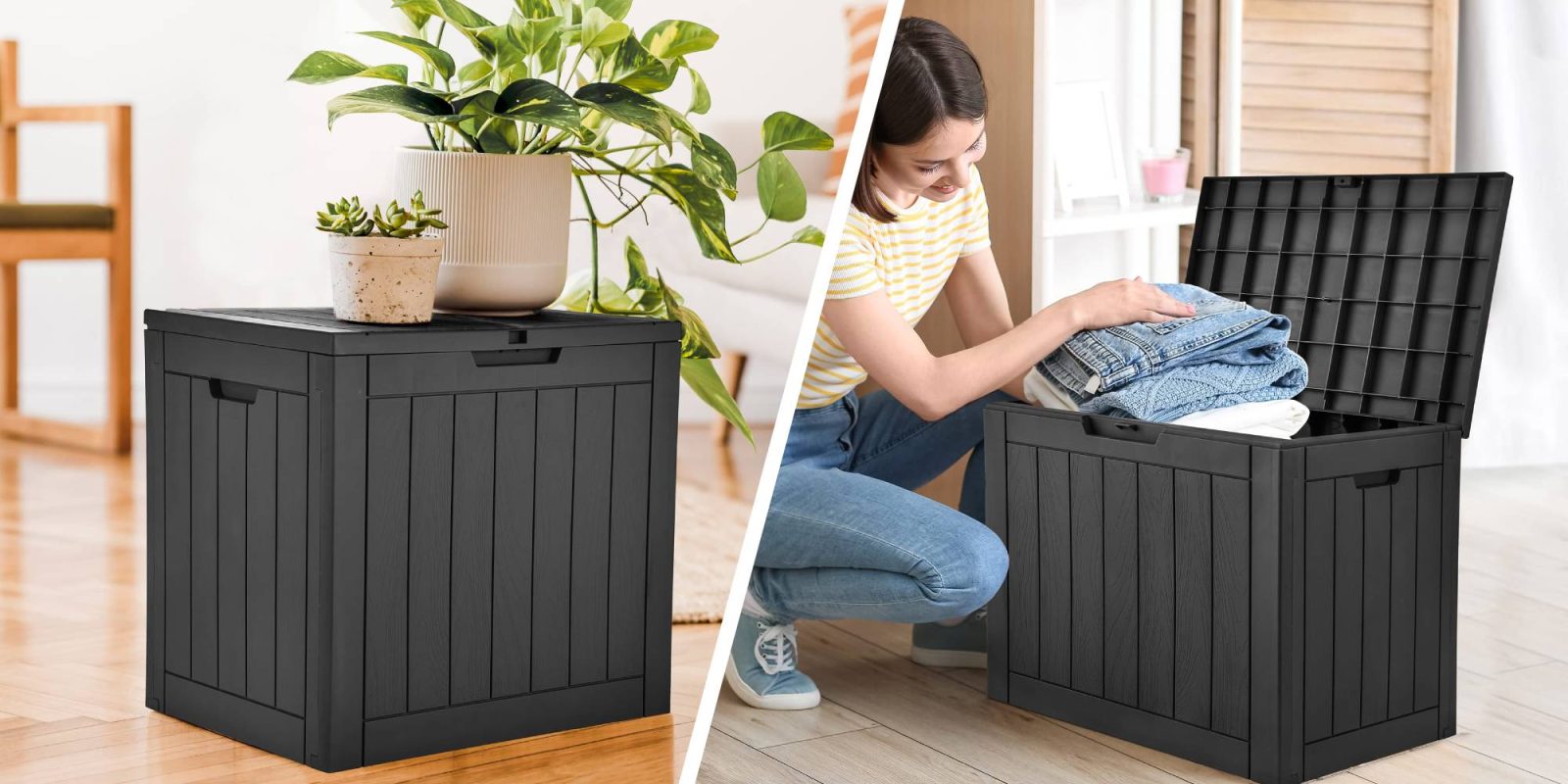 A collage of a woman folding clothes