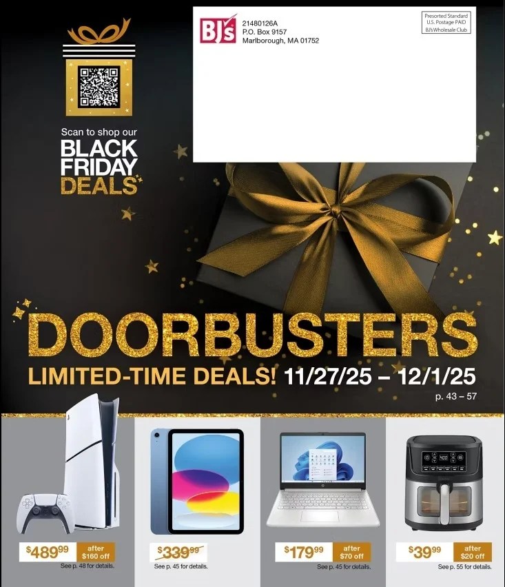 A black and gold advertisement with a black box and a gold bow