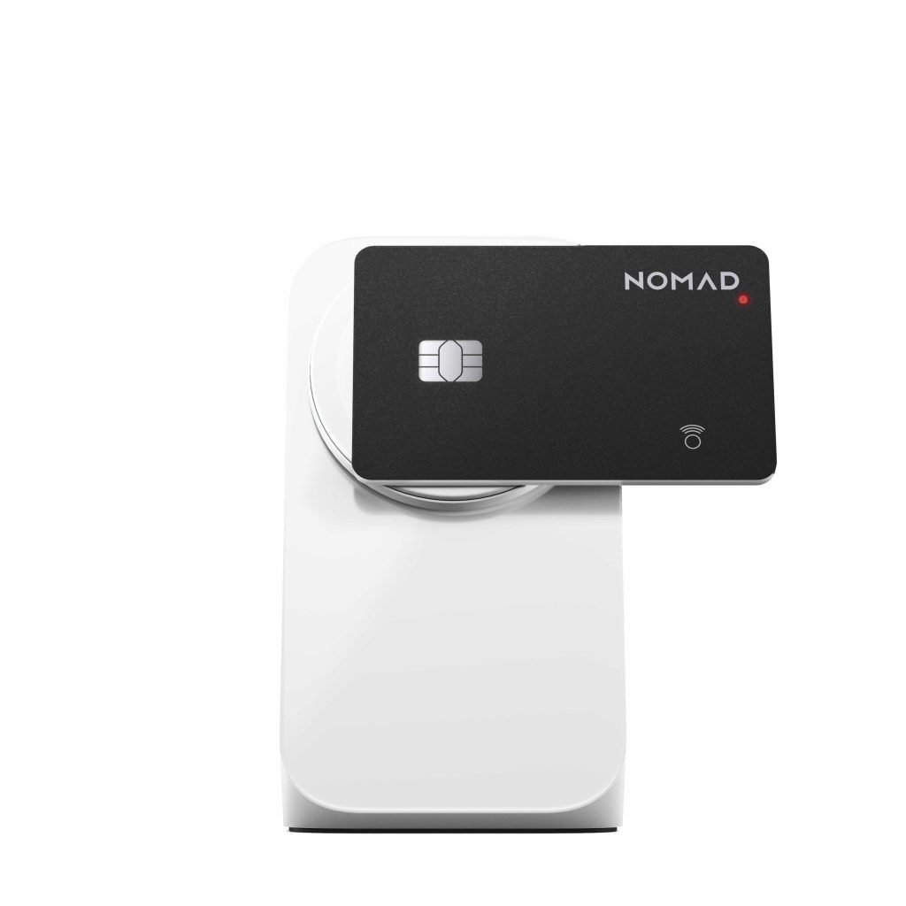 A white and black card with a red button