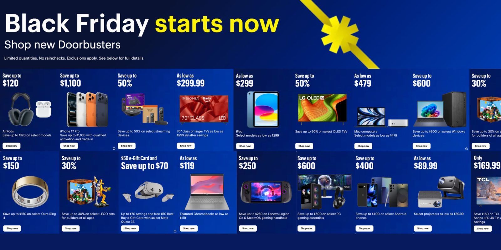 A blue advertisement with white text and images of electronics