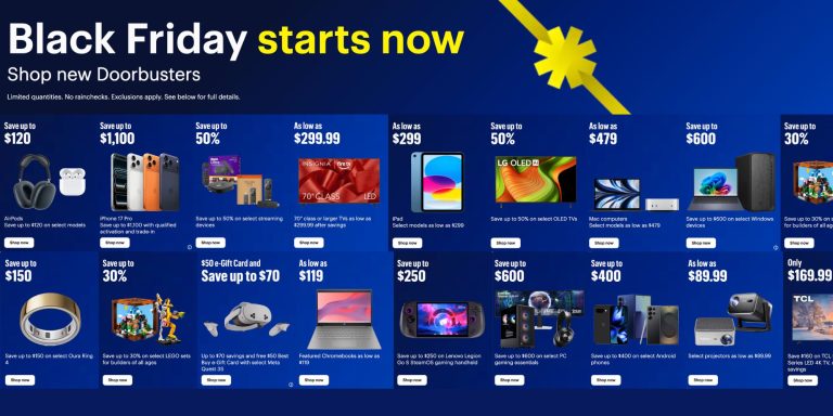 A blue advertisement with white text and images of electronics