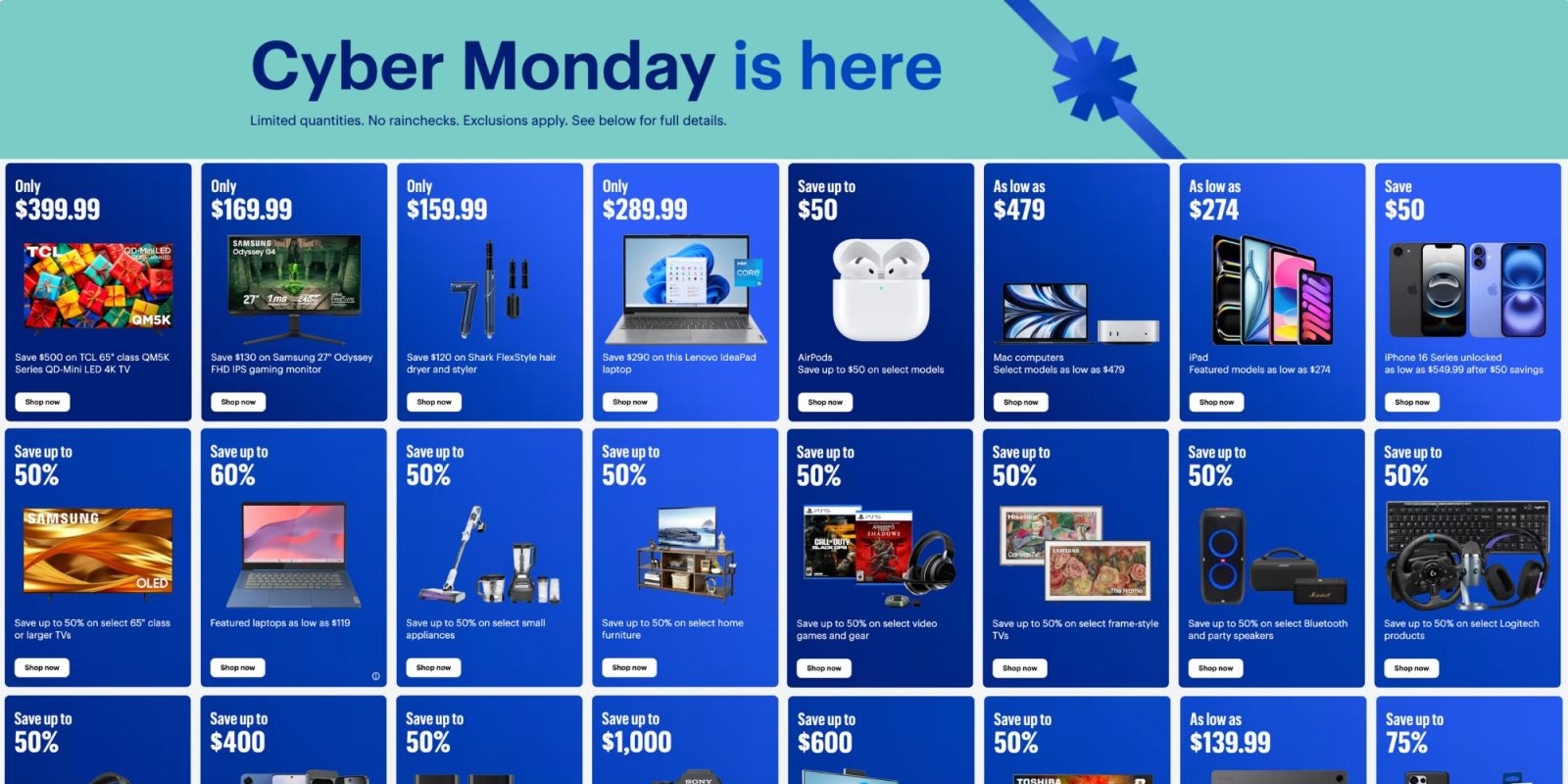 A blue advertisement with white text