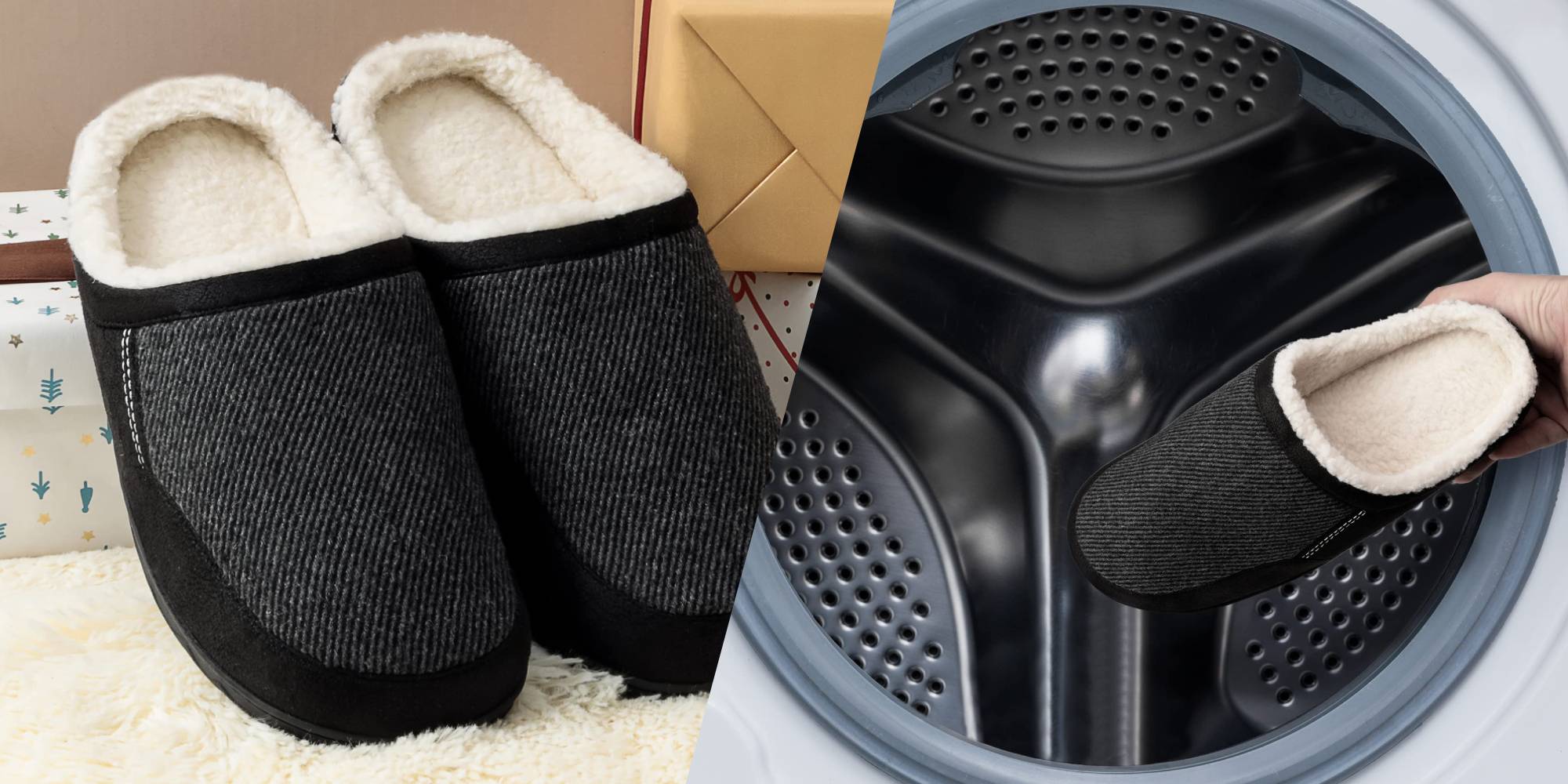 A pair of slippers next to a washing machine