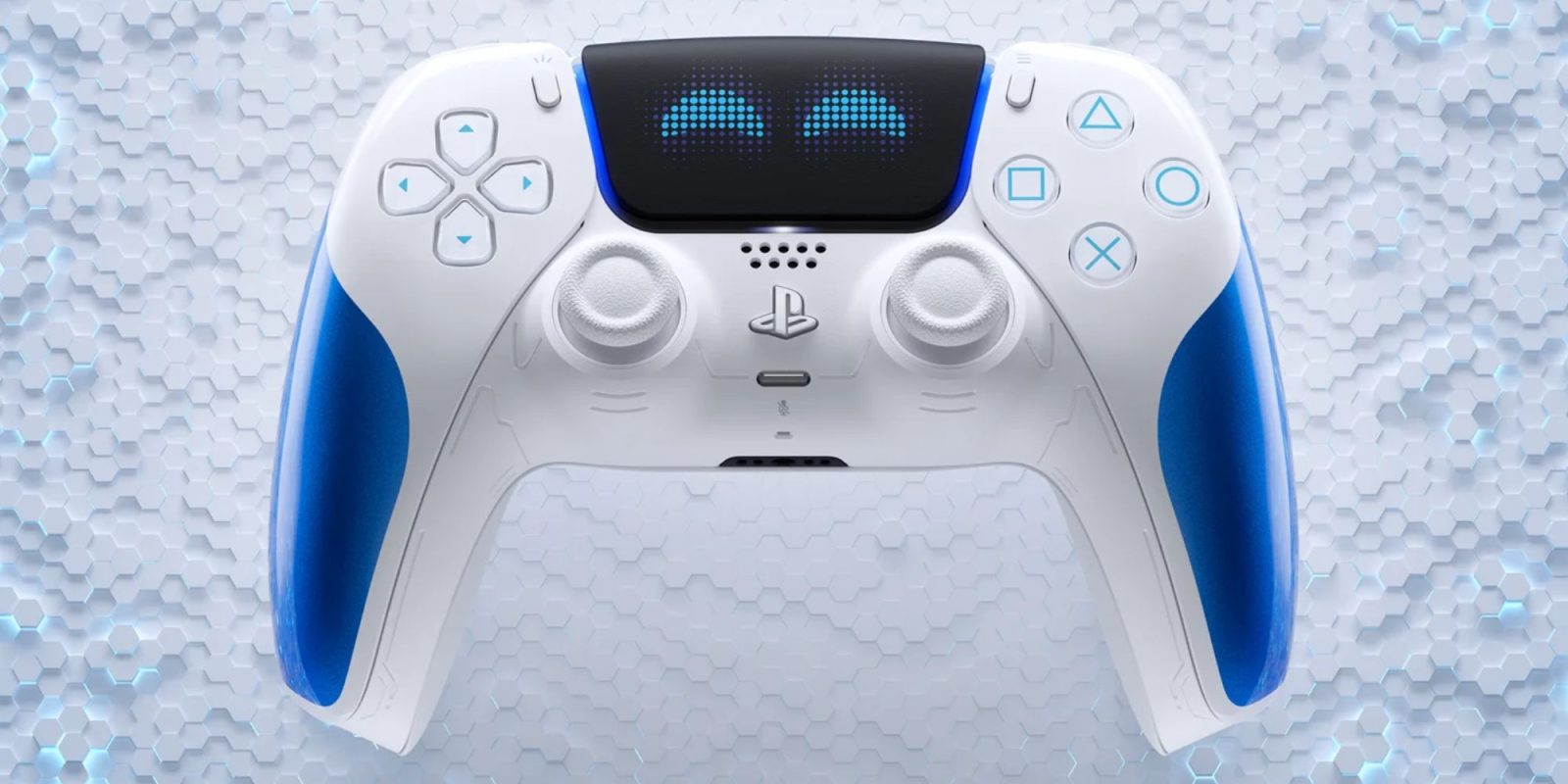 A white and blue video game controller