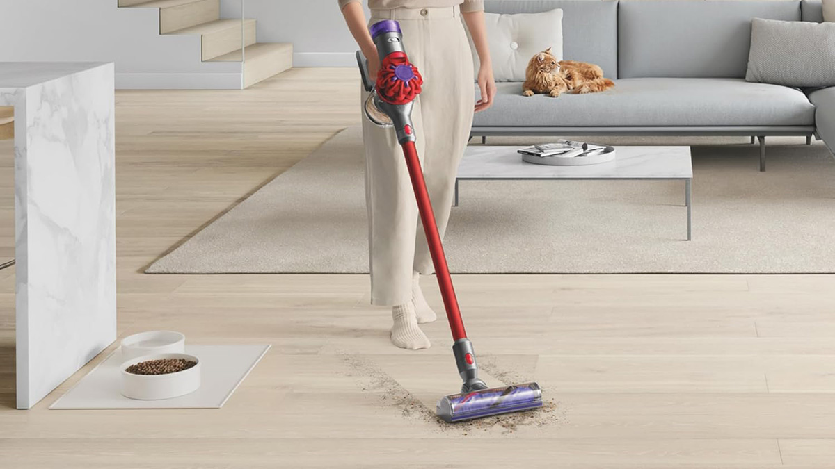 A person vacuuming the floor