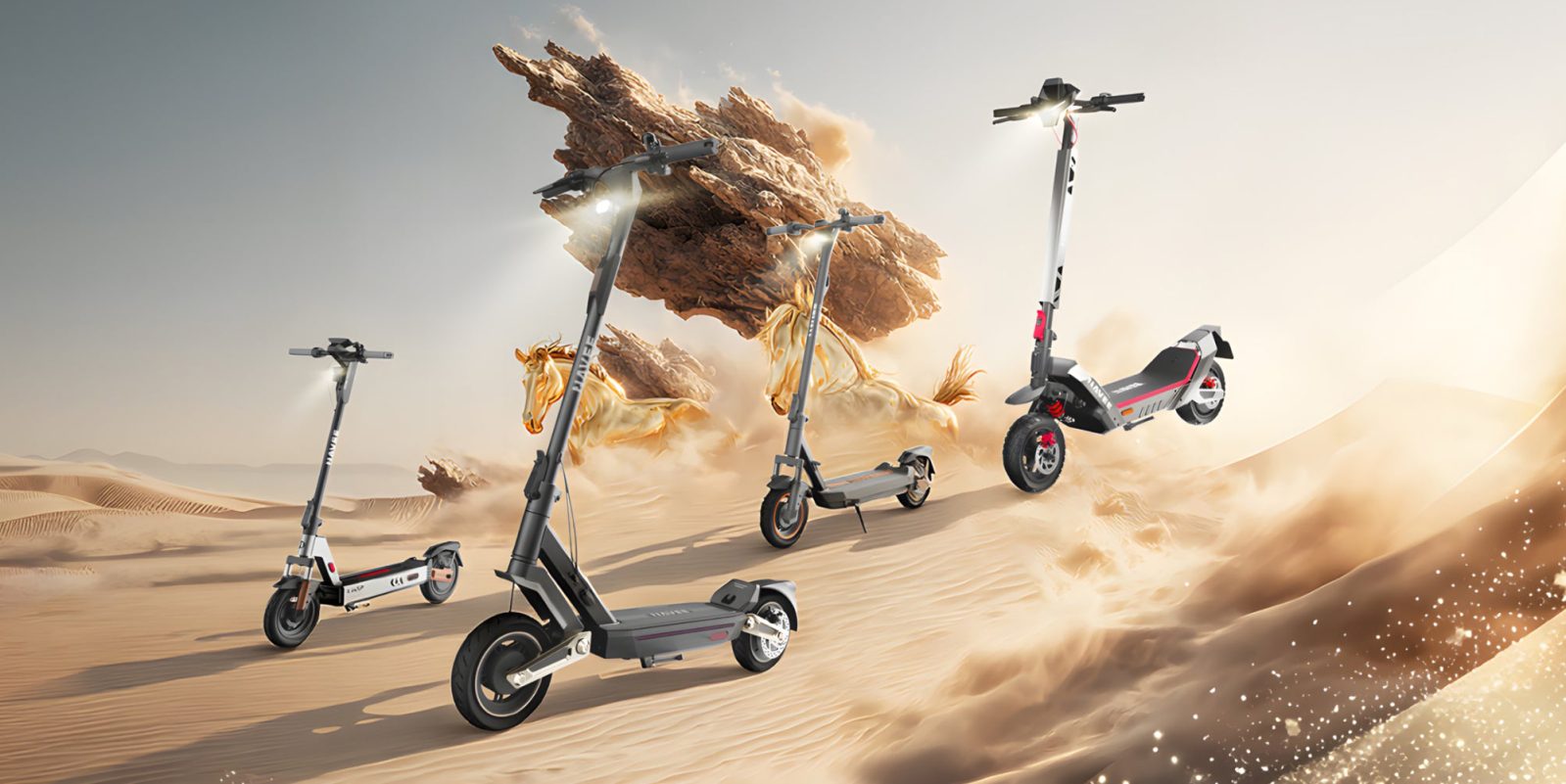 A group of scooters in the desert