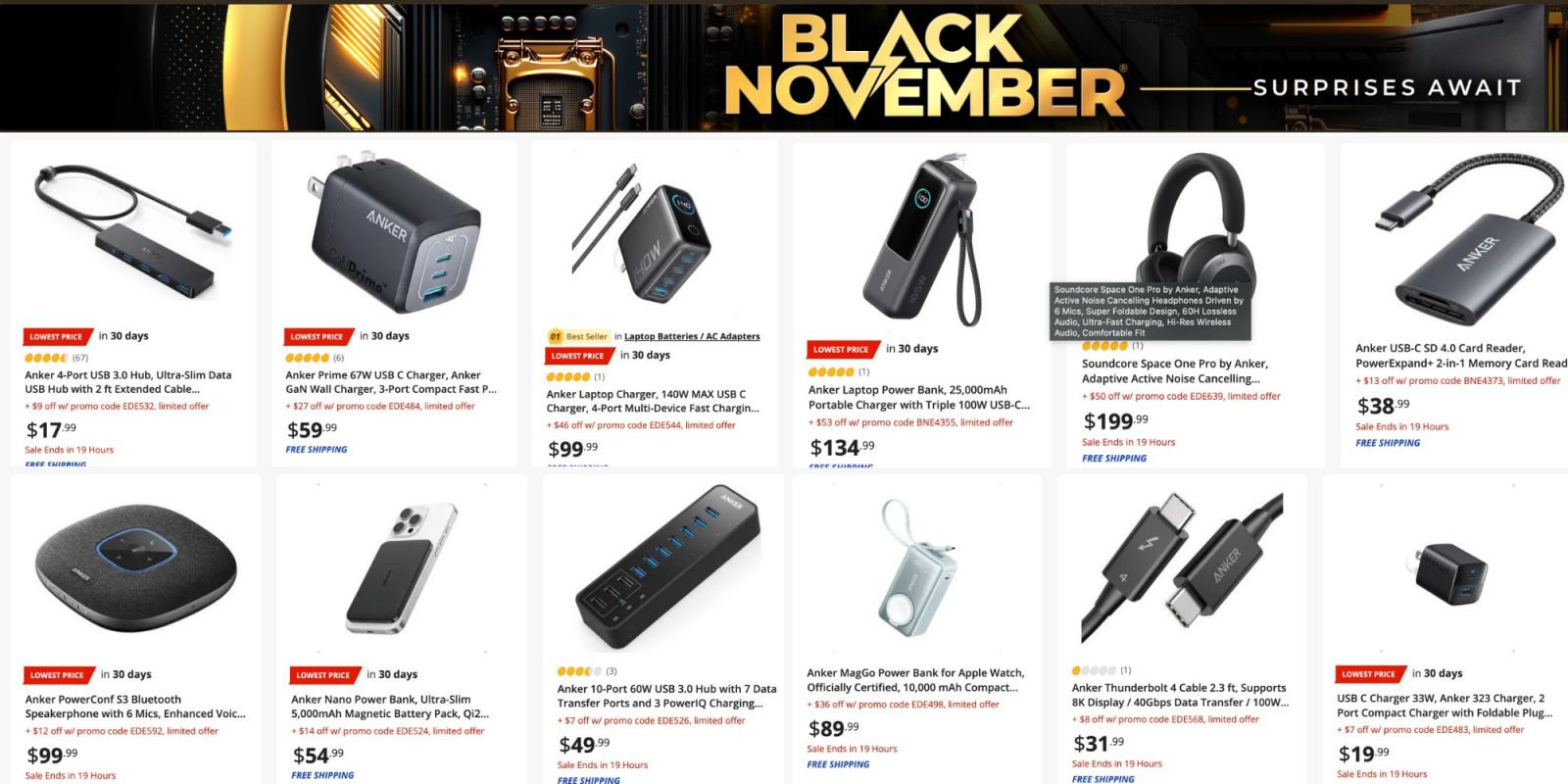 Image showing listings from Newegg's Anker sale.