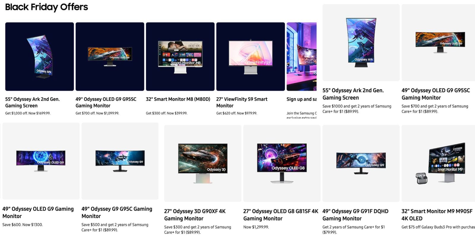 Image showing listings from Samsung's Black Friday sale.