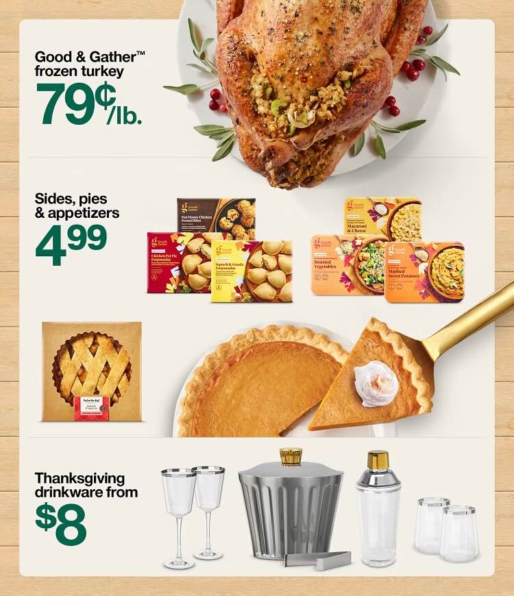 A thanksgiving menu with turkey pie and other items