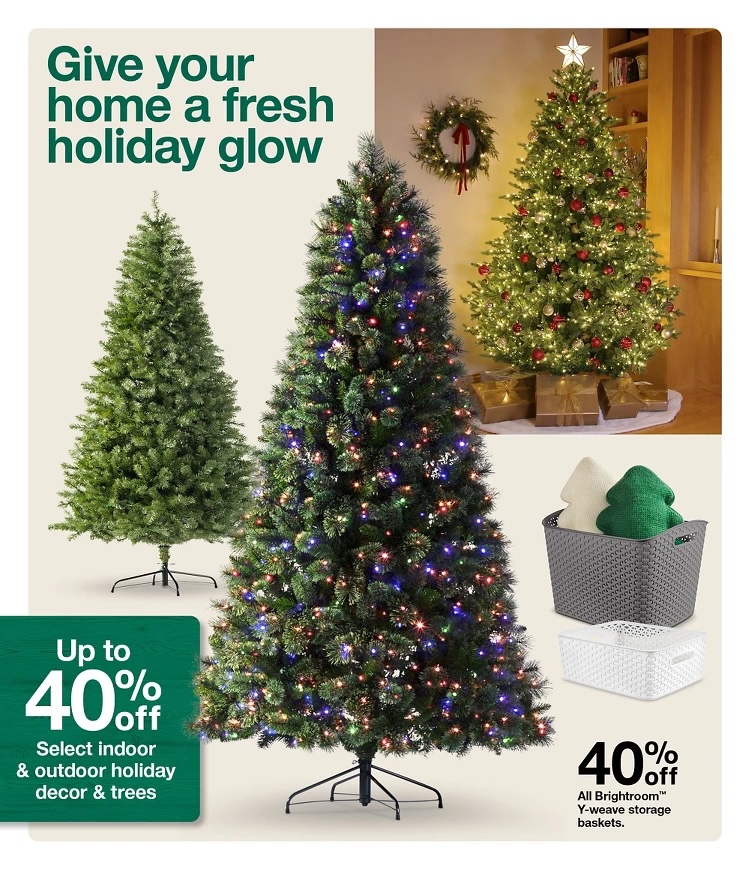 A christmas tree with lights and a basket