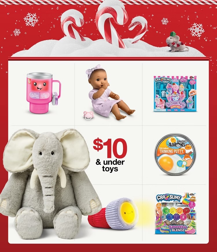 A toy store advertisement with a baby doll and toys