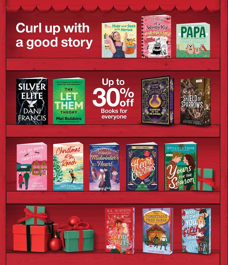 A red shelf with books and presents