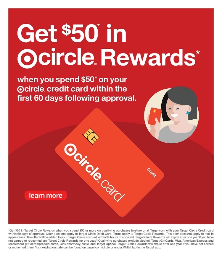 A red and white advertisement with a woman holding a credit card