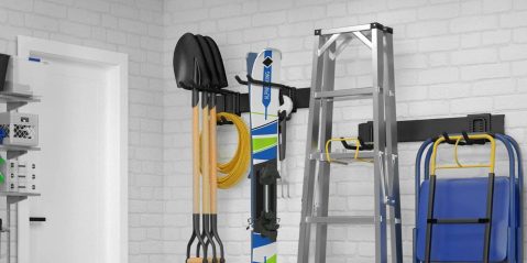 A ladder and skis on a wall