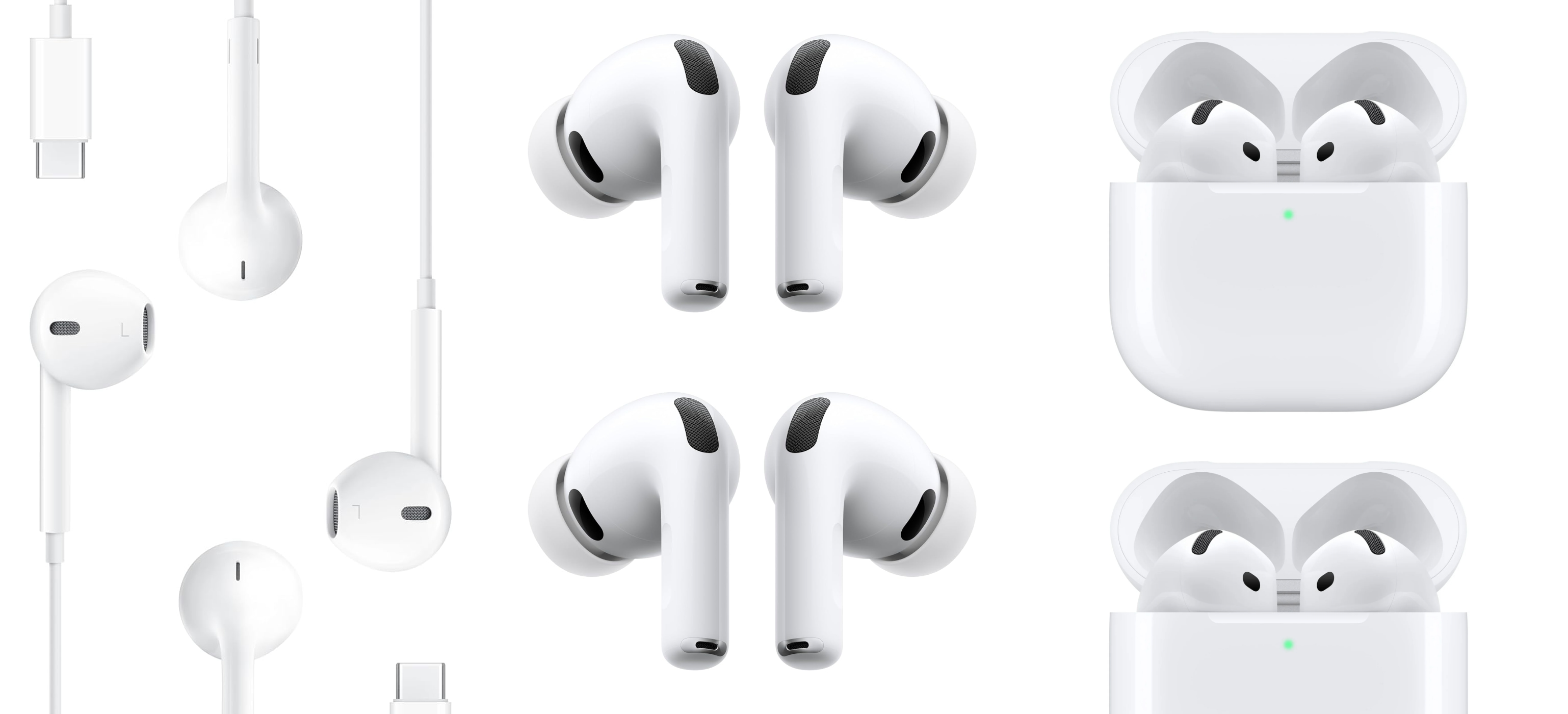 A collage of white earbuds