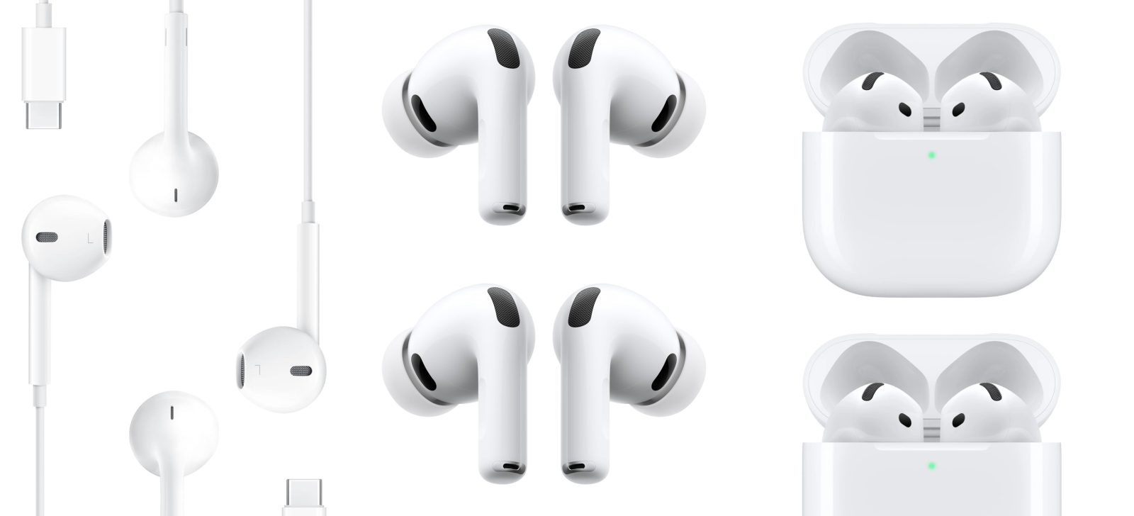 A collage of white earbuds
