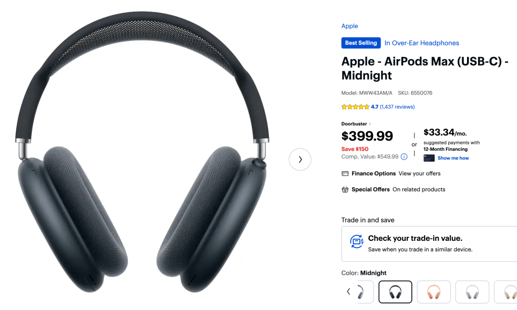 Image showing AirPods Max headphones listing at Best Buy.