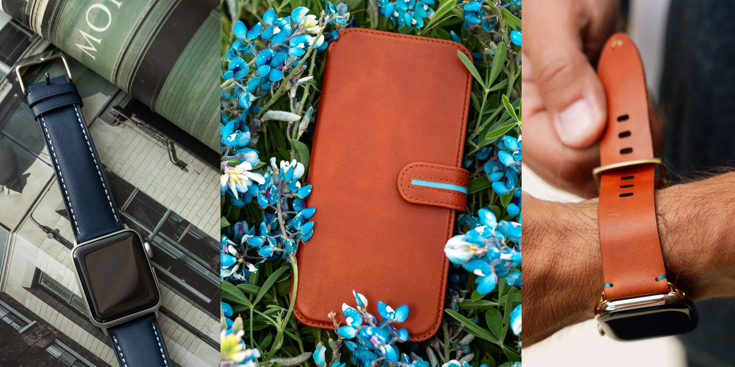 A person's face next to a brown wallet in a flower bed
