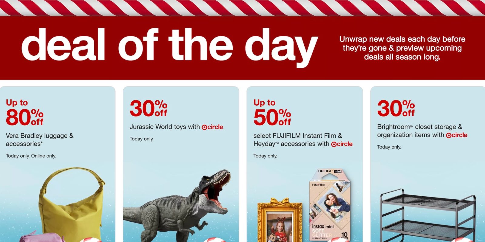 A red and white Day 8 Target Holiday Deals of the Day of the Day with a dinosaur and picture frame