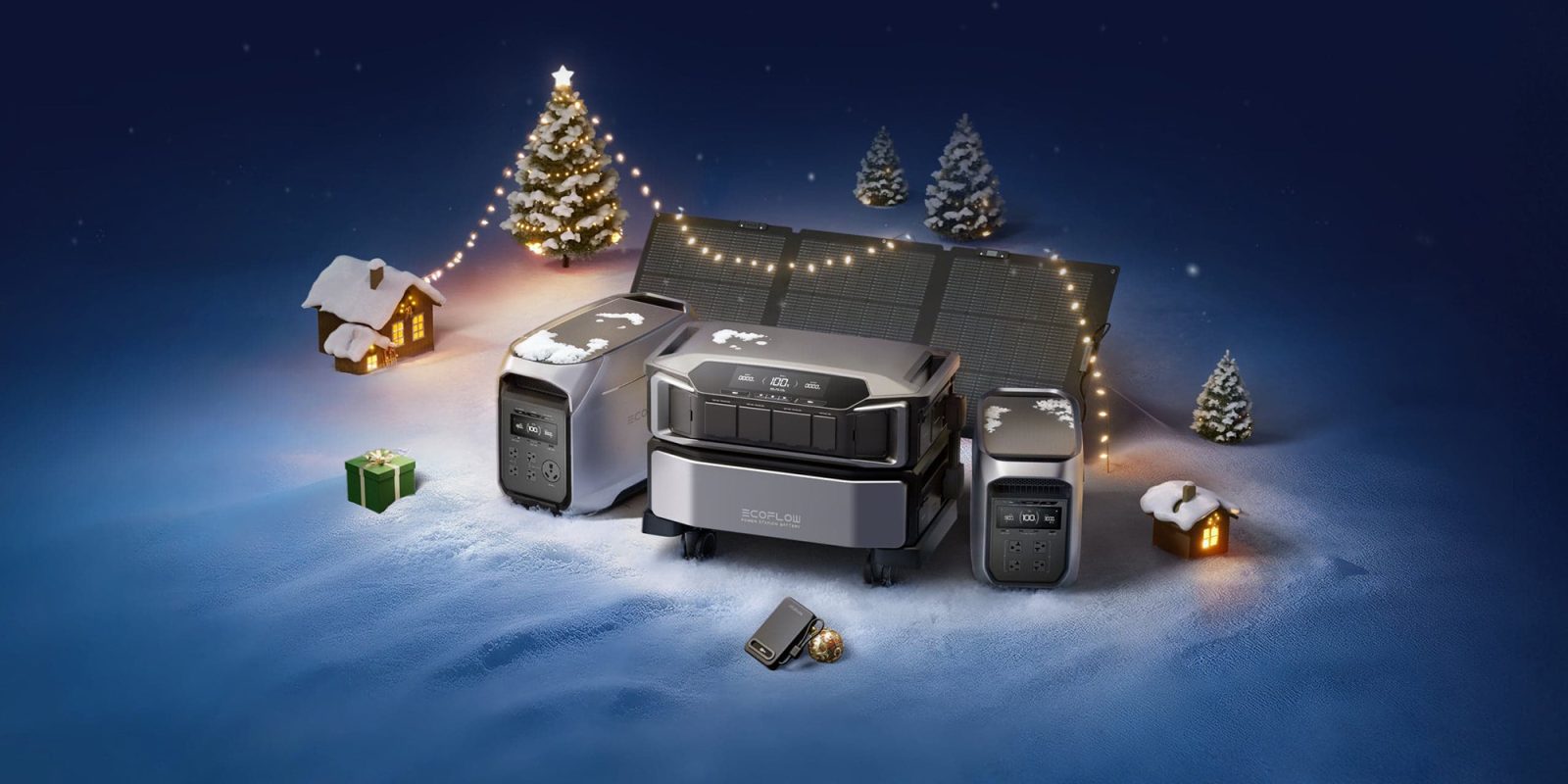 A group of electronic devices in snow