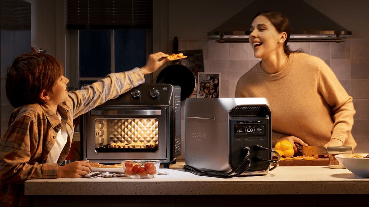 A woman taking a pizza out of a toaster oven