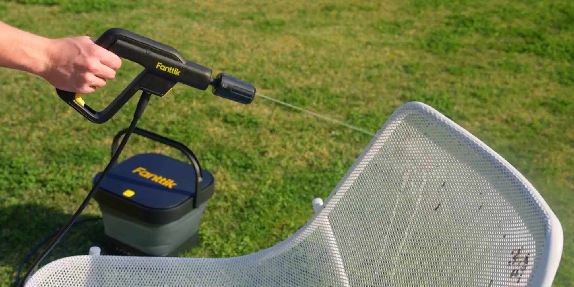 A lawn chair with a hose attached to it