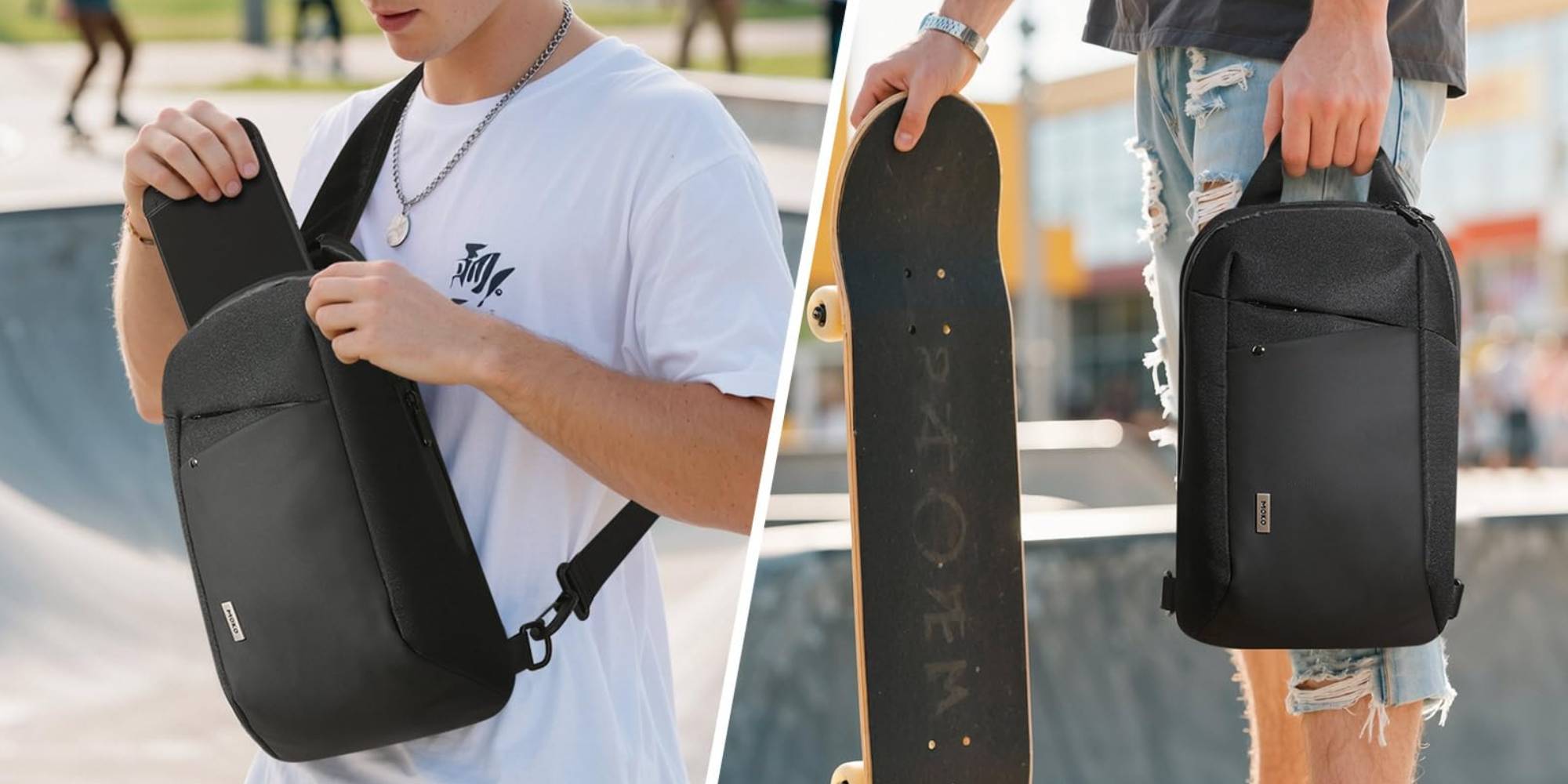 A collage of a man holding a skateboard