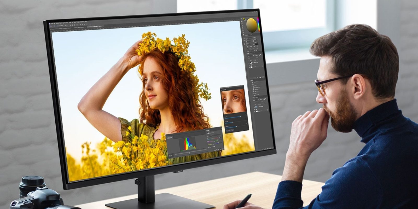 Image showing a person using Samsung's 37-inch ViewFinity S70D monitor.