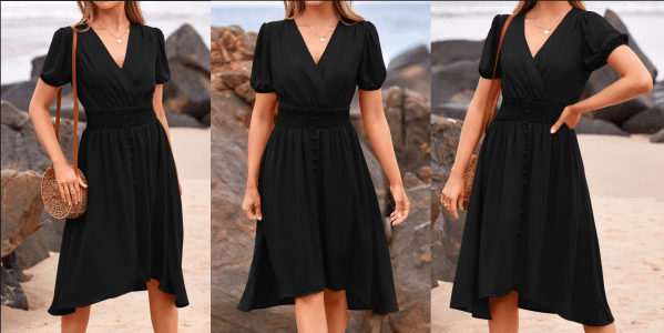 A collage of a woman wearing a black dress
