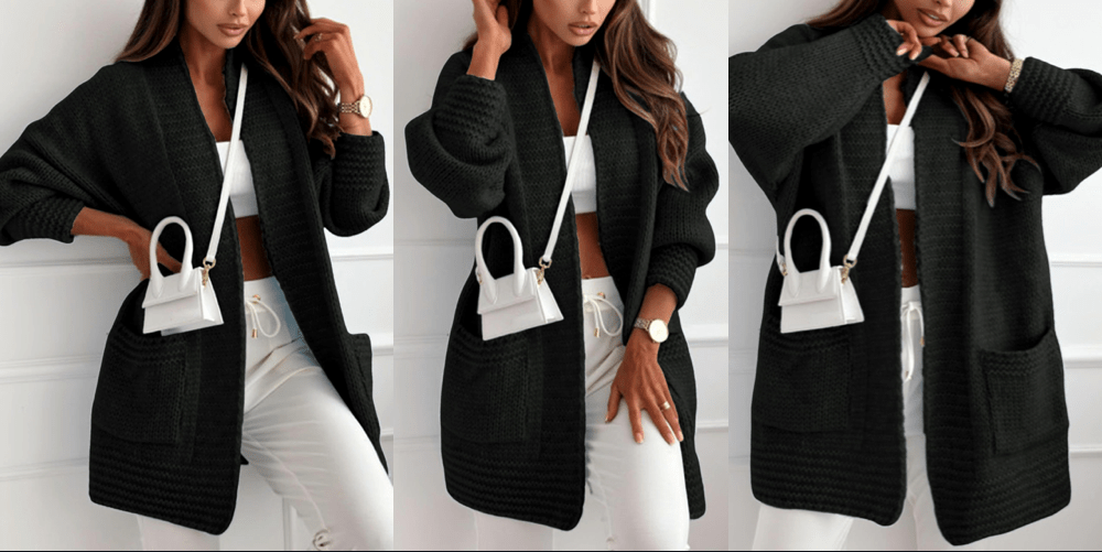 A collage of a woman wearing a black coat